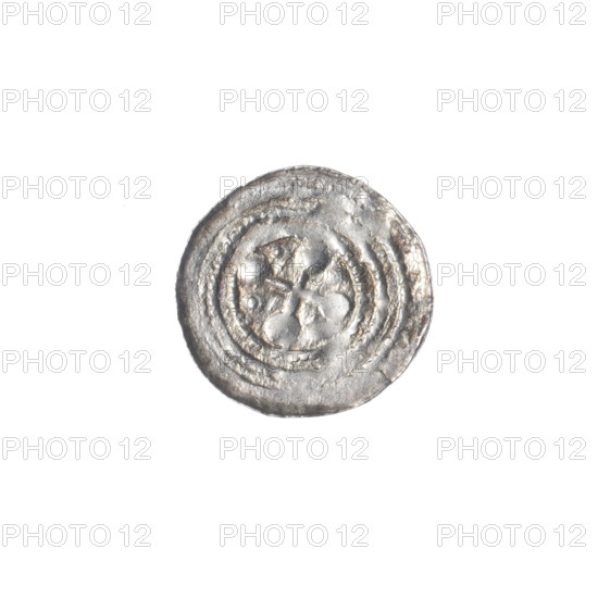 Denarius, Boleslaw III Krzywousty (prince of Poland; 1086–1138). Obverse: in the beaded border, a knight in chain mail thrusting a spearhead into the jaws of an upside-down dragon. Reverse: in the triple beaded border, an isosceles cross topped with balls; between its arms, one ball (two of them have one dot each; observation hindered by under-striking). Allegorical imagery (knight, dragon, fight between good and evil), spearhead (issue mark), equal-armed cross, crosses, chain mail, martyrs, mouths, spears. Romanesque style. Possibly references St. Adalbert (ca. 956–997). Ca. 1125–1138, Kraków, Poland. Coin (denarius). Diameter: 12.8–13.2 mm. Weight: 0.45 g.