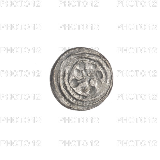 denarius, Boleslaw III Krzywousty (prince of Poland; 1107–1138), allegories, Boleslaw III Krzywousty (prince of Poland; 1086–1138), spearhead (issue mark), equal-armed cross (iconographic), chain mail (iconographic), crosses, chain mails, mouth (iconographic), martyrs, Romanesque (style), mouths, knights, knight (iconographic), dragons, fight between good and evil (iconographic), fight against pagans (iconographic), spear (iconographic), dragon (iconographic), Adalbert (Saint; ca. 956–997), spears, Middle Ages, Obv. In the beaded border, a knight in chain mail thrusting a spearhead into the jaws of a dragon turned upside down. Rv. In the triple beaded border, an isosceles cross topped with balls. At the intersection of the arms, a ball. Between them, one ball. ca. 1125–1138, Poland, Kraków, coin, diameter 12.1–12.3 mm, weight 0.46 g