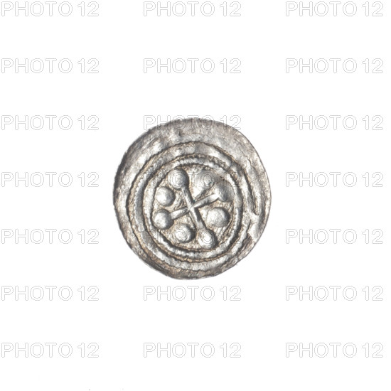 denarius, Boleslaw III Krzywousty (prince of Poland; 1086–1138), allegories, spearhead (issue mark), chain mail (iconographic), equal-armed cross (iconographic), crosses, mouth (iconographic), martyrs, Romanesque (style), dragons, knights, mouths, dragon (iconographic), knight (iconographic), Middle Ages, fight against pagans (iconographic), spear (iconographic), spears, Adalbert (St.; ca. 956–997), fight between good and evil. Obv. In the beaded border, a knight in chain mail thrusting a spearhead into the jaws of a dragon turned upside down. Rv. In the triple beaded border, an isosceles cross topped with balls; between its arms, one ball. ca. 1125–1138, Poland, Kraków, coin, diameter 12.6–12.9 mm, weight 0.36 g