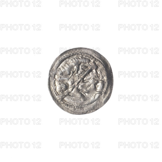 denarius, Boleslaw III Krzywousty (prince of Poland; 1086–1138), equal-armed cross, allegories, knights, knight in chain mail, spear, spearhead (issue mark), dragons, dragon, jaws, martyrs, Adalbert (St.; ca. 956–997), fight against pagans, fight between good and evil, Romanesque (style), Obv. In the beaded border, a knight in chain mail thrusting a spearhead into the jaws of a dragon turned upside down. Rv. In the triple beaded border, an isosceles cross topped with balls; between its arms, one ball. ca. 1125–1138, Poland, Kraków, coin, diameter 12.7–12.9 mm, weight 0.36 g