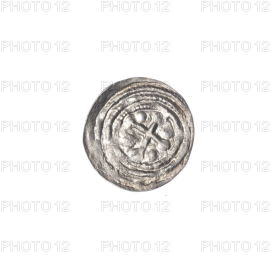 denarius, Boleslaw III Krzywousty (prince of Poland; 1107–1138), allegories, equal-armed cross, jaws, chain mail, martyrs, knight, Romanesque (style), spearhead (issue mark), dragons, dragon, Adalbert (St.; ca. 956–997), fight against pagans, fight between good and evil, spear, spears. Obv.: In the beaded border, a knight in chain mail thrusting a spearhead into the jaws of a dragon turned upside down. Rv.: In the triple beaded border, an isosceles cross topped with balls; between its arms, one ball. ca. 1125–1138, Poland, Kraków, coin, diameter 12.7–12.9 mm, weight 0.36 g