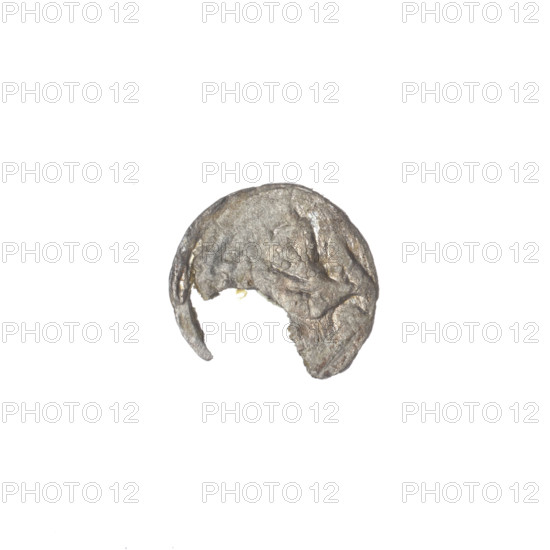 denarius, Boleslaw III Krzywousty (prince of Poland; 1107–1138), allegories, Boleslaw III Krzywousty (prince of Poland; 1086–1138), equal-armed cross, spearhead (issue mark), crosses, jaws, chain mail, chain mails, martyrs, knight, Romanesque (style), knights, jaws, dragons, Middle Ages, Adalbert (Saint; ca. 956–997), fight between good and evil, fight against pagans, spear, spears, dragon. Obv. In the beaded border, a knight in chain mail thrusting a spearhead into the jaws of a dragon turned upside down. Rv. In the triple beaded border, an isosceles cross topped with balls (two of them have one dot each, one arm effaced, one missing due to a defect in the coin). At the intersection of the arms, a ball with a dot. Between them, one ball (each has one dot; the fourth quarter is missing due to a defect in the coin). ca. 1125–1138, Kraków, Poland; coin; diameter 10.5–11.8 mm; weight 0.12 g.