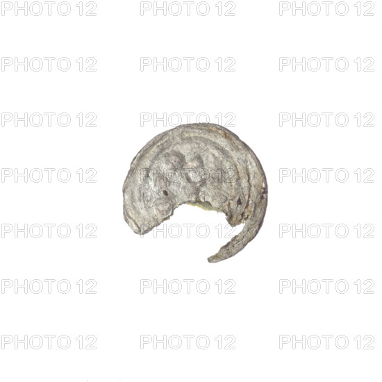 Denarius of Boleslaw III Krzywousty (prince of Poland; 1107–1138). Obverse: within a beaded border, a knight in chain mail thrusting a spearhead into the jaws of an upside-down dragon — allegorical fight between good and evil / fight against pagans; imagery includes knight, chain mail, spear/spearhead, dragon, jaws; Romanesque style, martyrs/knights motif, Saint Adalbert referenced. Reverse: within a triple beaded border, an isosceles cross topped with balls (two balls bear a dot each; one arm effaced and one quarter missing due to coin defect); at the intersection a ball with a dot; remaining fields contain balls (one dot each; one quarter missing due to defect). Ca. 1125–1138, Kraków, Poland. Coin; diameter 10.5–11.8 mm; weight 0.12 g.