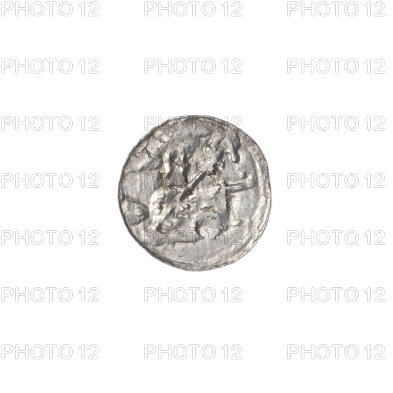 Denarius of Boleslaw III Krzywousty (prince of Poland; 1107–1138). Obverse: in a beaded border, a knight in chain mail thrusting a spearhead into the jaws of an upside-down dragon; a dot above the knight's left foot (outer side). Reverse: in a triple beaded border, an isosceles cross topped with balls, with one ball between its arms. Iconography: allegories, spearhead, chain mail, equal-armed cross, jaws, knight, martyrs, Romanesque style, dragon, fight against pagans, Adalbert (Saint), spear, fight between good and evil. Date: ca. 1125–1138. Place: Kraków, Poland. Coin; diameter 12.2 mm, weight 0.39 g.