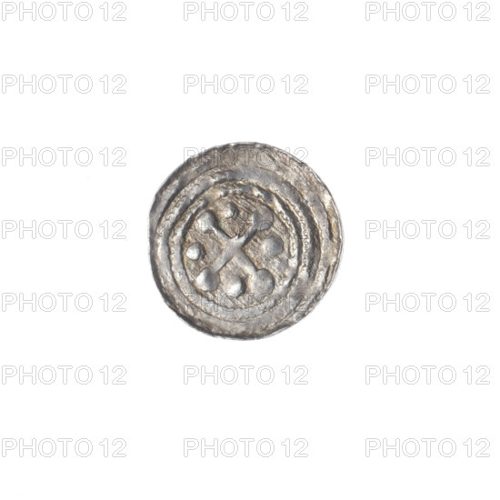 denarius, Boleslaw III Krzywousty (prince of Poland; 1107–1138), allegories, spearhead (issue mark), chain mail (iconographic), equal-armed cross (iconographic), jaws (iconographic), knight (iconographic), martyrs, Romanesque (style), dragons, Middle Ages, fight against pagans (iconographic), Adalbert (Saint; ca. 956–997), spear (iconographic), fight between good and evil. Obv.: In the beaded border, a knight in chain mail thrusting a spearhead into the jaws of an upside-down dragon; above the knight's left foot, on its outer side, a dot. Rev.: In the triple beaded border, an isosceles cross topped with balls; between its arms, one ball. Ca. 1125–1138, Kraków, Poland. Coin; diameter 12.2 mm; weight 0.39 g.