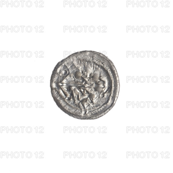 denarius, Boleslaw III Krzywousty (prince of Poland; 1107–1138), allegories, equal-armed cross, spearhead (issue mark), chain mail, crosses, jaws, knight, martyrs, dragons, Romanesque (style), Middle Ages, fight between good and evil, dragon, fight against pagans, Adalbert (Saint; ca. 956–997), spear. Obv.: In the beaded border, a knight in chain mail thrusting a spearhead into the jaws of a dragon turned upside down. Rv.: In the triple beaded border, an isosceles cross topped with balls; between its arms, one ball (three of them with one dot). ca. 1125–1138. Poland, Kraków. Coin. Diameter 12.2–12.6 mm. Weight 0.26 g.