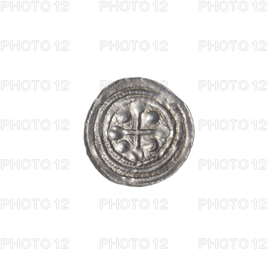 denarius, Boleslaw III Krzywousty (prince of Poland; 1107–1138), allegories, equal-armed cross, spearhead (issue mark), chain mail, crosses, jaws, knight, martyrs, dragons, Romanesque (style), Middle Ages, fight between good and evil, dragon, fight against pagans, Adalbert (Saint; ca. 956–997), spear, Obv. In the beaded border, a knight in chain mail thrusting a spearhead into the jaws of a dragon turned upside down. Rv. In the triple beaded border, an isosceles cross topped with balls. Between its arms, one ball (three of them with one dot). ca. 1125–1138, Poland, Kraków, coin, diameter 12.2–12.6 mm, weight 0.26 g