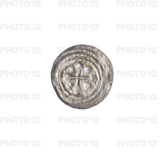 denarius, Boleslaw III Krzywousty (prince of Poland; 1107-1138), Boleslaw III Krzywousty (prince of Poland; 1086-1138), allegories, chain mail, equal-armed cross, crosses, chain mail, spearhead (issue mark), jaws, knight, Romanesque (style), martyrs, dragons, jaws, dragon, knights, Adalbert (St.; ca. 956-997), fight between good and evil, Middle Ages, fight against pagans, spear, spears, Obv. In the beaded border, a knight in chain mail thrusting a spearhead into the jaws of a dragon turned upside down. Above the knight's left foot, on its outer side, a dot. Rv. In the triple beaded border, an isosceles cross topped with balls. Between its arms, one ball. One arm intersects the other at approximately 1/3 of its length. ca. 1125–1138, Poland, Kraków, coin, diameter 12.1 mm, diameter 12.4 mm, weight 0.35 g