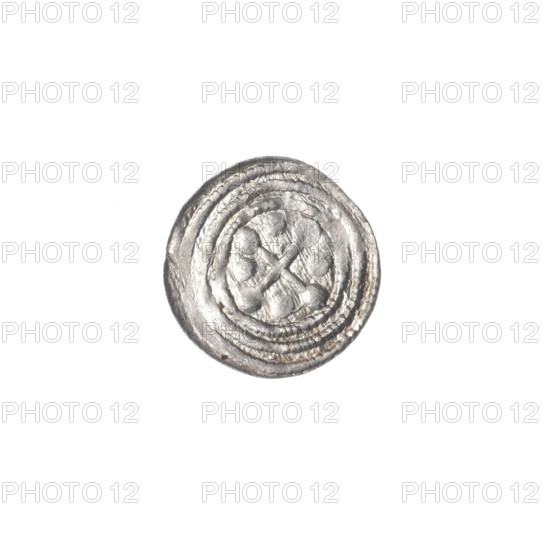 denarius, Boleslaw III Krzywousty (prince of Poland; 1086–1138), allegories, equal-armed cross, spearhead (issue mark), crosses, jaws, chain mail, knight, dragons, martyrs, Romanesque (style), dragon, knights, jaws, Middle Ages, Adalbert (St.; ca. 956–997), fight between good and evil, spear, spears. Obv.: In the beaded border, a knight in chain mail thrusting a spearhead into the jaws of a dragon turned upside down. Rv.: In the triple beaded border, an isosceles cross topped with balls; between its arms, one ball. ca. 1125–1138. Poland, Kraków. Coin. Diameter 11.9–12.3 mm. Weight 0.30 g.