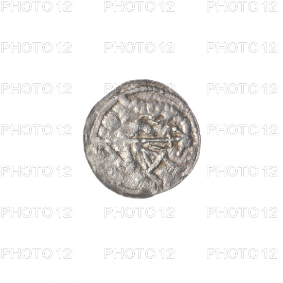 denarius, Boleslaw III Krzywousty (prince of Poland; 1086–1138), allegories, equal-armed cross, crosses, spearhead (issue mark), chain mail, chain mails, jaws, knight, martyrs, dragons, knights, dragon, jaws, Romanesque (style), Middle Ages, Adalbert (Saint; ca. 956–997), fight between good and evil, fight against pagans, spear, spears. Obv. In the beaded border, a knight in chain mail thrusting a spearhead into the jaws of a dragon turned upside down. Rv. In the triple beaded border, an isosceles cross topped with balls (a dot next to one of them). Between its arms, one ball. ca. 1125–1138, Poland, Kraków, coin, diameter 12.4–12.9 mm, weight 0.41 g