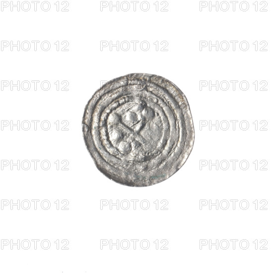denarius, Boleslaw III Krzywousty (prince of Poland; 1086–1138), allegories, equal-armed cross, crosses, spearhead (issue mark), chain mail, jaws, knight, martyrs, dragons, dragon, Romanesque (style), Middle Ages, Adalbert (Saint; ca. 956–997), fight between good and evil, fight against pagans, spear, spears. Obv.: in the beaded border, a knight in chain mail thrusting a spearhead into the jaws of a dragon turned upside down. Rv.: in the triple beaded border, an isosceles cross topped with balls (a dot next to one of them); between its arms, one ball. ca. 1125–1138. Poland, Kraków. Coin. Diameter 12.4–12.9 mm. Weight 0.41 g.