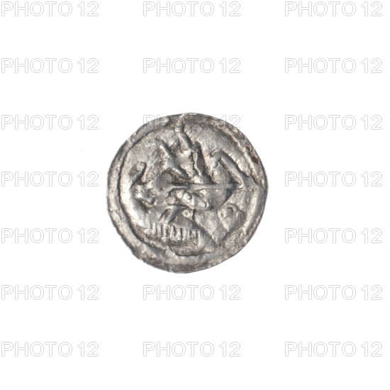 Denarius of Boleslaw III Krzywousty (prince of Poland, ca. 1086–1138), ca. 1125–1138. Obverse: within a linear border, a knight in chain mail thrusting a spearhead into the jaws of an upside-down dragon. Reverse: within a triple beaded border, an isosceles cross topped with balls; between its arms, one ball (one with a dot). Allegorical Romanesque imagery of knight/dragon, spears, fight between good and evil; references to Adalbert (Saint, ca. 956–997). Coin from Kraków, Poland; diameter 12.4–12.9 mm, weight 0.46 g.