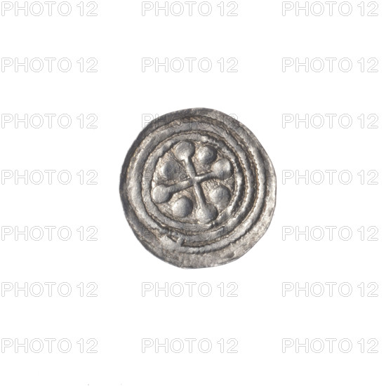 denarius, Boleslaw III Krzywousty (prince of Poland; 1086–1138), allegories, equal-armed cross, crosses, spearhead (issue mark), jaws, chain mail, Romanesque style, knight, dragons, martyrs, dragon, Middle Ages, spear, fight between good and evil, Adalbert (Saint; ca. 956–997), spears, fight against pagans. Obv.: In the linear border, a knight in chain mail thrusting a spearhead into the jaws of a dragon turned upside down. Rv.: In the triple beaded border, an isosceles cross topped with balls; between its arms, one ball (one of them with a dot). ca. 1125–1138. Poland, Kraków. Coin (denarius). Diameter 12.4–12.9 mm. Weight 0.46 g.