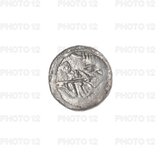denarius, Boleslaw III Krzywousty (prince of Poland; 1086–1138), allegories, equal-armed cross, spearhead (issue mark), chain mail, crosses, jaws, knight, martyrs, Romanesque (style), dragons, fight between good and evil, Middle Ages, fight against pagans, Adalbert (Saint; ca. 956–997), spear, spears. Obv.: In the beaded border, a knight in chain mail thrusting a spearhead into the jaws of a dragon turned upside down. Rv.: In the triple beaded border, an isosceles cross topped with spheres (one with a dot). Between its arms, one sphere each (with dots). ca. 1125–1138. Poland, Kraków. Coin; diameter 12.7–13.0 mm; weight 0.53 g.