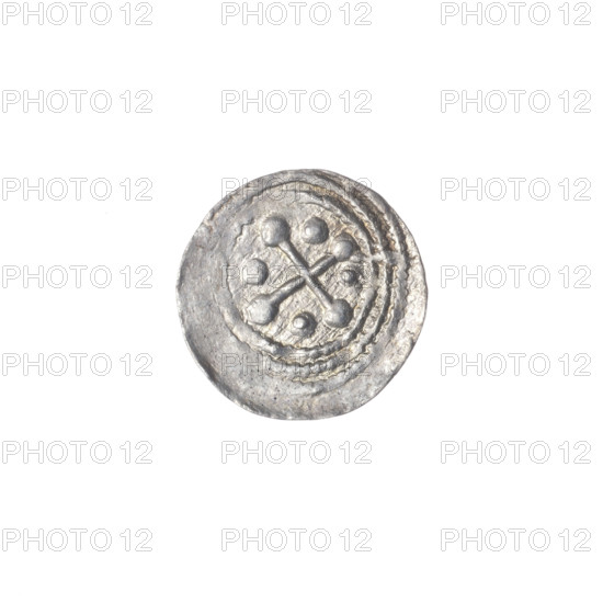 denarius, Boleslaw III Krzywousty (prince of Poland; 1086–1138), allegories, equal-armed cross, spearhead (issue mark), chain mail, crosses, jaws, knight, martyrs, Romanesque (style), dragons, fight between good and evil, Middle Ages, fight against pagans, Adalbert (Saint; ca. 956–997), spear, spears. Obv.: In the beaded border, a knight in chain mail thrusting a spearhead into the jaws of a dragon turned upside down. Rv.: In the triple beaded border, an isosceles cross topped with spheres (one of them with a dot); between its arms, one sphere each with a dot. ca. 1125–1138. Poland, Kraków. Coin (denarius). Diameter 12.7–13.0 mm, weight 0.53 g.