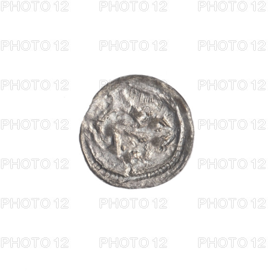 denarius, Boleslaw III Krzywousty (prince of Poland; 1086–1138), allegories, equal-armed cross, chain mail, spearhead (issue mark), crosses, jaws, knight, martyrs, dragons, Romanesque (style), knights, Middle Ages, fight between good and evil, Adalbert (Saint; ca. 956–997), fight against pagans, spear. Obv. In the beaded border, a knight in chain mail thrusting a spearhead into the jaws of a dragon turned upside down. Rv. In the triple beaded border, an isosceles cross topped with spheres; between its arms, one sun. ca. 1125–1138, Poland, Kraków, coin, diameter 12.9–13.2 mm, weight 0.33 g