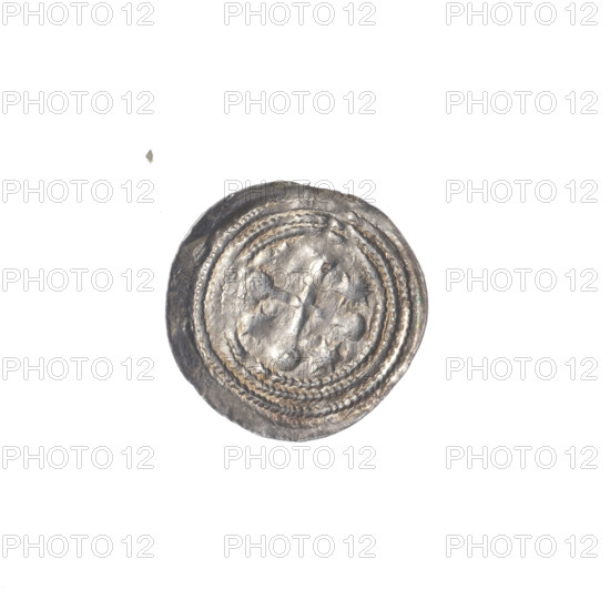 denarius, Boleslaw III Krzywousty (prince of Poland; 1107–1138), allegories, Boleslaw III Krzywousty (prince of Poland; 1086–1138), equal-armed cross, chain mail, spearhead (issue mark), crosses, jaws, knight, martyrs, dragons, Romanesque (style), knights, Middle Ages, jaws, dragon, fight between good and evil, Adalbert (Saint; ca. 956–997), fight against pagans, spear, spears. Obv. In the beaded border, a knight in chain mail thrusting a spearhead into the jaws of a dragon turned upside down. Rv. In the triple beaded border, an isosceles cross topped with spheres; between its arms, one sun. ca. 1125–1138, Poland, Kraków, coin, diameter 12.9–13.2 mm, weight 0.33 g