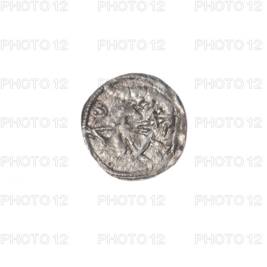 Denarius, Boleslaw III Krzywousty (prince of Poland; 1107–1138). Obverse: in the beaded border, a knight in chain mail thrusting a spearhead into the jaws of an upside-down dragon. Reverse: in the triple beaded border, an isosceles cross topped with balls; between its arms, three balls; one arm intersects the other at approximately 1/3 of its length. Iconography includes spearhead, chain mail, equal-armed cross, crosses, mouth, knight, martyrs, Romanesque style, knights, dragons, dragon, fight against pagans, fight between good and evil, spears, spear, Adalbert (St.; ca. 956–997). Ca. 1125–1138. Poland, Kraków. Coin. Diameter 12.2–12.9 mm. Weight 0.36 g.