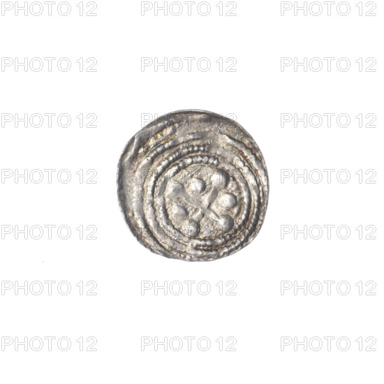 Denarius, Boleslaw III Krzywousty (prince of Poland; 1107–1138). Obverse: in the beaded border, a knight in chain mail thrusting a spearhead into the jaws of an upside-down dragon. Reverse: in the triple beaded border, an isosceles cross topped with balls; between its arms, three balls; one arm intersects the other at approximately 1/3 of its length. Iconography: spearhead, chain mail, equal-armed cross, crosses, mouth, knight, martyrs, Romanesque style, knights, dragons, fight against pagans, fight between good and evil, spears, dragon. References to Adalbert (St.; ca. 956–997). Attributed maker: Boleslaw III Krzywousty (1086–1138). Date: ca. 1125–1138. Place: Poland, Kraków. Coin; diameter 12.2–12.9 mm; weight 0.36 g.