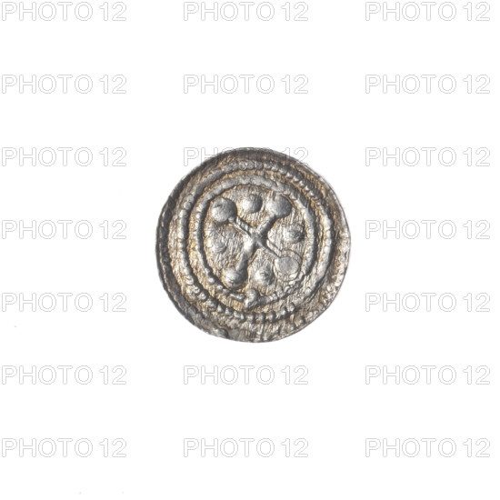 Denarius of Boleslaw III Krzywousty (prince of Poland; 1086–1138). Obverse: in beaded border, a knight in chain mail thrusting a spearhead into the jaws of an upside-down dragon; iconography includes knight, chain mail, spearhead, dragon, jaws, fight against pagans, fight between good and evil, martyrs, Adalbert. Reverse: in triple beaded border, an isosceles cross topped with spheres (one with a dot); at the intersection a sphere; between the arms three spheres (one with a dot). Romanesque style; ca. 1125–1138; Poland, Kraków. Coin; diameter 11.9–12.1 mm; weight 0.43 g.