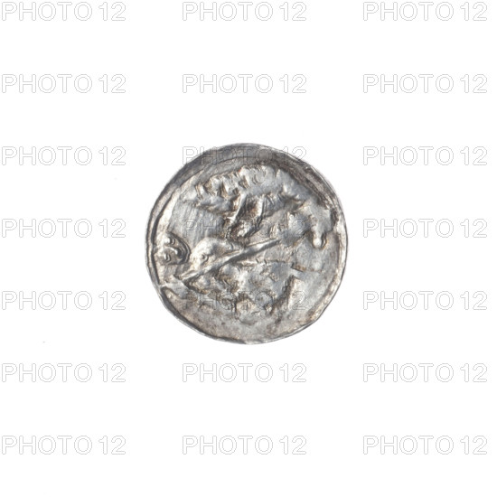 denarius, Boleslaw III Krzywousty (prince of Poland; 1107–1138), allegories, Boleslaw III Krzywousty (prince of Poland; 1086–1138), spearhead (issue mark), chain mail (iconographic), equal-armed cross (iconographic), chain mail, crosses, mouth (iconographic), mouths, Romanesque (style), knights, dragon (iconographic), dragons, martyrs, knight (iconographic), Middle Ages, Adalbert (St.; ca. 956–997), spear (iconographic), fight against pagans (iconographic), spears, fight between good and evil (iconographic). Obv.: In the beaded border, a knight in chain mail thrusting a spearhead into the jaws of a dragon turned upside down. Rv.: In the triple beaded border, an isosceles cross topped with spheres (one of them with a dot); between its arms, one sphere (one of them with a dot). ca. 1125–1138, Poland, Kraków; coin; diameter 12.3–12.8 mm; weight 0.51 g
