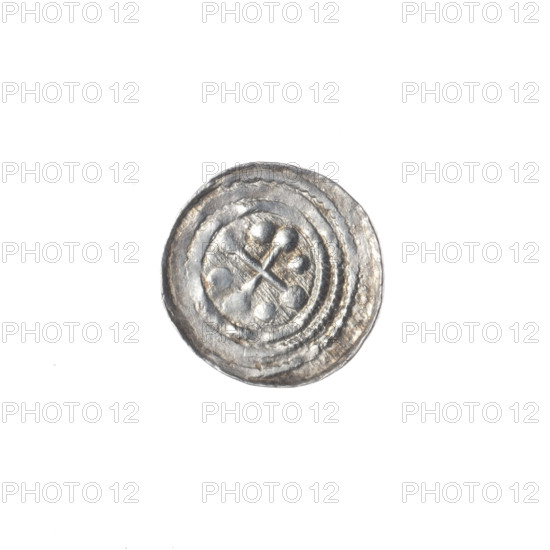 denarius, Boleslaw III Krzywousty (prince of Poland ; 1107-1138), allegories, Boleslaw III Krzywousty (prince of Poland ; 1086-1138), spearhead (issue mark), chain mail (iconographic), equal-armed cross (iconographic), chain mail, crosses, mouth (iconographic), mouths, Romanesque (style), knights, dragon (iconographic), dragons, martyrs, knight (iconographic), Middle Ages, Adalbert (St. ; ca 956-997), spear (iconographic), fight against pagans (iconographic), spears, fight between good and evil (iconographic). Obv. In the beaded border, a knight in chain mail thrusting a spearhead into the jaws of a dragon turned upside down. Rv. In the triple beaded border, an isosceles cross topped with spheres (one of them with a dot). Between its arms, one sphere (one of them with a dot). ca. 1125–1138, Poland, Kraków, coin, diameter 12.3–12.8 mm, weight 0.51 g