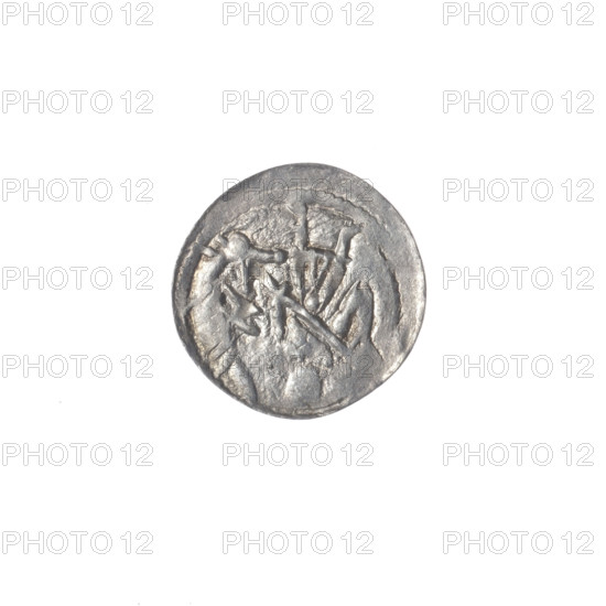 denarius, Boleslaw III Krzywousty (prince of Poland; 1086–1138 / reign 1107–1138), allegories, crosses, equal-armed cross, spearhead (issue mark), chain mail, knight, martyrs, Romanesque (style), knights, jaws, dragons, dragon, fight between good and evil, fight against pagans, spear, spears, Adalbert (Saint; ca. 956–997), Middle Ages. Obv.: In the beaded border, a knight in chain mail thrusting a spearhead into the jaws of a dragon turned upside down. A dot on the knight's belt. Rv.: In the triple beaded border, an isosceles cross topped with balls; between its arms, one ball. ca. 1125–1138, Poland, Kraków, coin, diameter 12.5–13.1 mm, weight 0.43 g