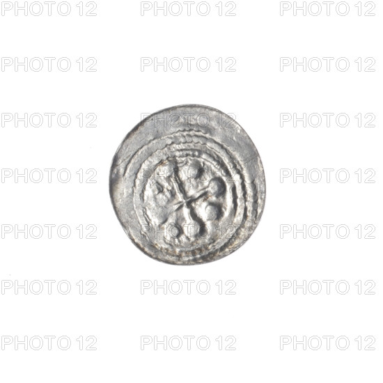 denarius, Boleslaw III Krzywousty (prince of Poland; 1086–1138), allegories, crosses, equal-armed cross, spearhead (issue mark), chain mail, knight, martyrs, Romanesque (style), knights, jaws, dragons, dragon, fight between good and evil, fight against pagans, spear, spears, Adalbert (Saint; ca. 956–997), Middle Ages. Obv.: In the beaded border, a knight in chain mail thrusting a spearhead into the jaws of a dragon turned upside down. A dot on the knight's belt. Rv.: In the triple beaded border, an isosceles cross topped with balls; between its arms, one ball. ca. 1125–1138. Poland, Kraków. Coin. Diameter 12.5–13.1 mm. Weight 0.43 g.