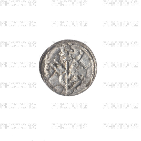 denarius, Boleslaw III Krzywousty (prince of Poland; 1086–1138), allegories, spearhead (issue mark), equal-armed cross, chain mail, crosses, jaws, martyrs, knight, Romanesque (style), dragons, Middle Ages, knights, dragon, fight between good and evil, Adalbert (Saint; ca. 956–997), spear, spears, fight against pagans. Obv.: In a linear border, a knight in chain mail thrusting a spearhead into the jaws of a dragon turned upside down. Above the knight's left foot, on its outer side, a dot. Rv.: In a triple beaded border, an isosceles cross topped with balls; between its arms, one ball. ca. 1125–1138, Poland, Kraków; coin; diameter 12.2–12.8 mm; weight 0.39 g