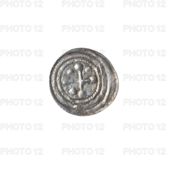 denarius, Boleslaw III Krzywousty (prince of Poland; 1086–1138), allegories, spearhead (issue mark), equal-armed cross, chain mail, crosses, jaws, martyrs, knight, Romanesque (style), dragons, Middle Ages, knights, dragon, fight between good and evil, Adalbert (Saint; ca. 956–997), spear, spears, fight against pagans. Obv.: In a linear border, a knight in chain mail thrusting a spearhead into the jaws of an upside-down dragon; above the knight's left foot, on its outer side, a dot. Rv.: In a triple beaded border, an isosceles cross topped with balls; between its arms, one ball. ca. 1125–1138. Poland, Kraków. Coin. Diameter 12.2–12.8 mm. Weight 0.39 g.