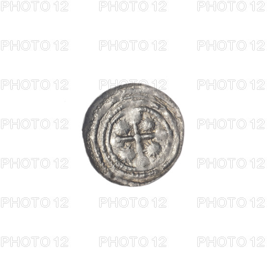 Denarius of Boleslaw III Krzywousty (prince of Poland; 1107–1138). Obverse: in the beaded border, a knight in chain mail thrusting a spearhead into the jaws of an upside-down dragon. Reverse: in the triple beaded border, an isosceles cross topped with spheres (one with a dot; other terminals possibly ball-shaped), a dot at the intersection of the arms, and one sun between them. Allegorical imagery of knights, dragons, and the fight between good and evil; motifs include equal-armed cross, crosses, spearhead (issue mark), jaws, chain mail; Romanesque style; references to martyrs and the fight against pagans (Adalbert, Saint; ca. 956–997). ca. 1125–1138. Poland, Kraków. Coin; diameter 11.8 mm; weight 0.33 g.