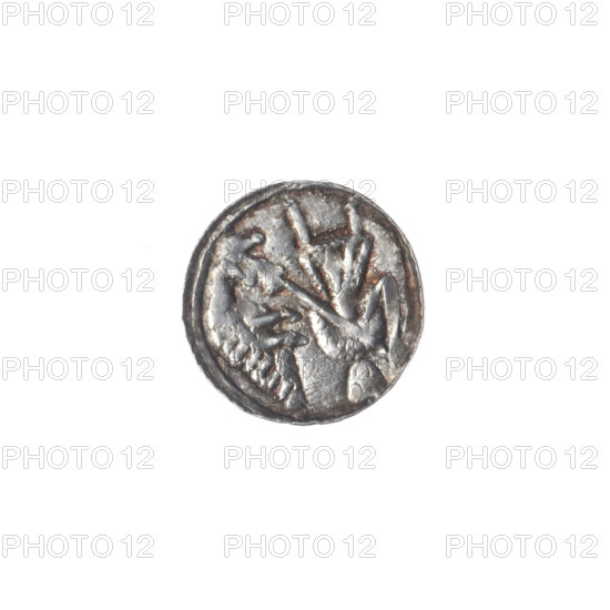 denarius, Boleslaw III Krzywousty (prince of Poland; 1086–1138), allegories, equal-armed cross, chain mail, mouth, spearhead (issue mark), martyrs, knight, dragons, crosses, Romanesque (style), fight between good and evil, fight against pagans, Middle Ages, Adalbert (Saint; ca. 956–997), spear, Obv. In the beaded border, a knight in chain mail thrusting a spearhead into the jaws of a dragon turned upside down. Above the knight's left foot, on its outer side, a dot. Rv. In the triple beaded border, an isosceles cross topped with balls. Between its arms, one ball. ca. 1125–1138, Poland, Kraków, coin, diameter 12.2 mm, weight 0.49 g