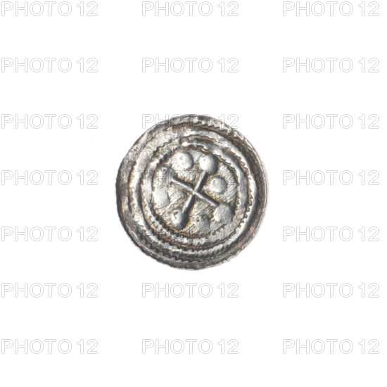 denarius, Boleslaw III Krzywousty (prince of Poland; 1107–1138), allegories, equal-armed cross, chain mail, mouth, spearhead (issue mark), martyrs, knight, dragons, crosses, Romanesque (style), fight between good and evil, fight against pagans, Middle Ages, Adalbert (Saint; ca. 956–997), spear, Obv. In the beaded border, a knight in chain mail thrusting a spearhead into the jaws of a dragon turned upside down. Above the knight's left foot, on its outer side, a dot. Rv. In the triple beaded border, an isosceles cross topped with balls. Between its arms, one ball. ca. 1125–1138, Poland, Kraków, coin, diameter 12.2 mm, weight 0.49 g