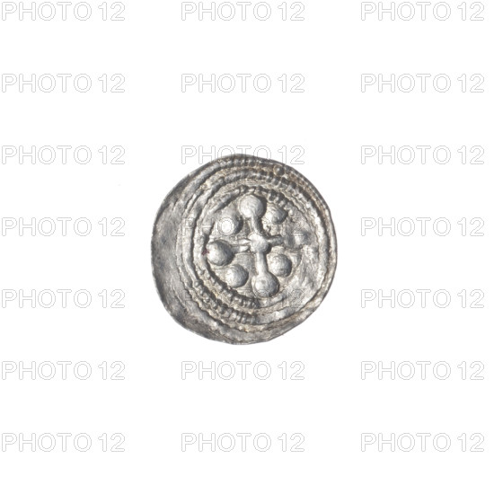 denarius, Boleslaw III Krzywousty (prince of Poland; 1086–1138; ruler 1107–1138), Romanesque, ca. 1125–1138, Poland, Kraków; coin; obverse: in beaded border, a knight in chain mail thrusting a spearhead into the jaws of an upside-down dragon; reverse: in triple beaded border, an isosceles cross topped with balls, a ball at the intersection of the arms and one between them; iconography: chain mail, spearhead, crosses (equal-armed), jaws, knight, dragon, fight between good and evil/fight against pagans, martyrs, Saint Adalbert (ca. 956–997); diameter 11.6–12.1 mm; weight 0.38 g