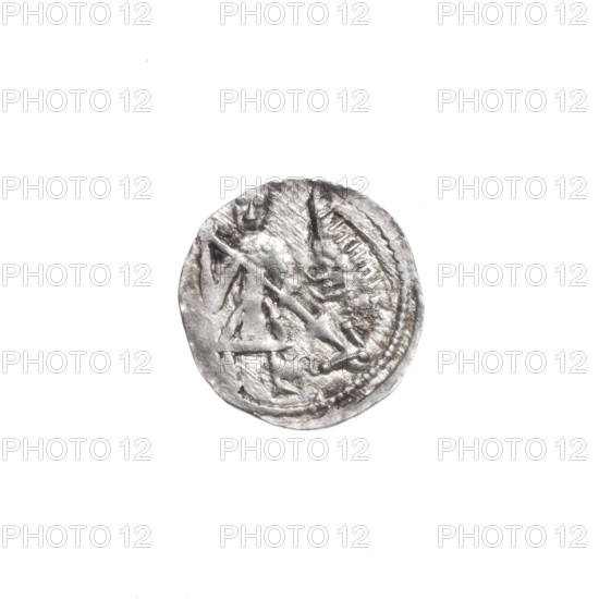 denarius, Boleslaw III Krzywousty (prince of Poland; 1086–1138), Romanesque, ca. 1125–1138, Poland, Kraków; coin. Obverse: in the beaded border, a knight in chain mail thrusting a spearhead into the jaws of an upside-down dragon. Reverse: in the triple beaded border, an isosceles cross topped with balls; between its arms, one ball each (three show one dot each; the fourth is difficult to observe). Diameter 12.3–13.1 mm; weight 0.62 g. Subjects/attributes: allegories, equal-armed cross, chain mail, spearhead (issue mark), crosses, mouth, knight, martyrs, dragons, knights, dragon, Middle Ages, mouths, Adalbert (St.; ca. 956–997), fight between good and evil, spear, fight against pagans.
