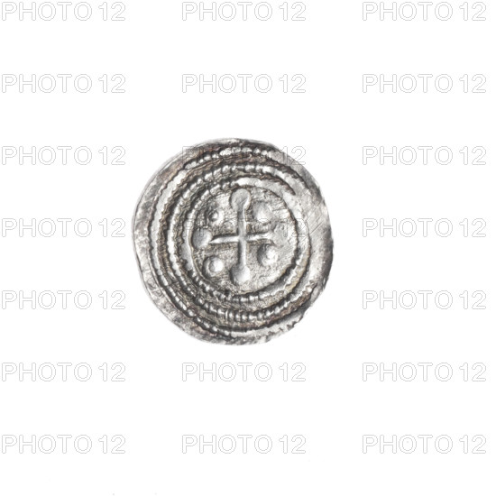 Denarius, Boleslaw III Krzywousty (prince of Poland; 1107–1138). Obverse: in the beaded border, a knight in chain mail thrusting a spearhead into the jaws of an upside-down dragon. Reverse: in the triple beaded border, an isosceles cross topped with balls; between its arms, one ball (three of them have one dot each; the fourth may also have one—this quarter is difficult to observe). Allegorical imagery: equal-armed cross, chain mail, spearhead (issue mark), crosses, mouth, knight, martyrs, dragons; themes of fight between good and evil and fight against pagans; Romanesque style. References to Adalbert (St.; ca. 956–997). Date: ca. 1125–1138. Place: Poland, Kraków. Object type: coin (denarius). Diameter: 12.3–13.1 mm. Weight: 0.62 g.