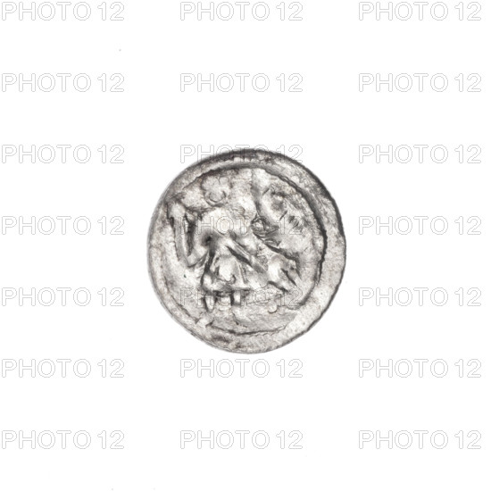 Denarius of Boleslaw III Krzywousty (Prince of Poland; reign 1107–1138). Obverse: in the beaded border, a knight in chain mail thrusting a spearhead into the jaws of an upside-down dragon. Reverse: in the triple beaded border, an isosceles cross topped with balls; one ball between its arms. Allegorical imagery referencing Adalbert and the fight between good and evil / fight against pagans; Romanesque style. Circa 1125–1138. Poland, Kraków. Coin; diameter 12.9 mm; weight 0.35 g.