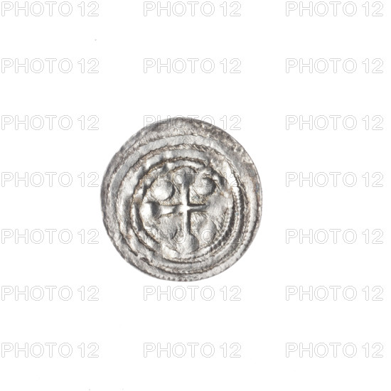 Denarius of Boleslaw III Krzywousty (Prince of Poland; 1107–1138). Obverse: in the beaded border, a knight in chain mail thrusting a spearhead into the jaws of an upside-down dragon; motifs include knights, chain mail, spear(s), dragons, jaws, allegory of fight between good and evil, reference to Saint Adalbert. Reverse: in the triple beaded border, an isosceles (equal-armed) cross topped with balls; between its arms, one ball. Romanesque style; ca. 1125–1138. Poland, Kraków. Coin; diameter 12.9 mm; weight 0.35 g.