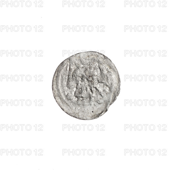 denarius, Boleslaw III Krzywousty (prince of Poland; 1086–1138/ruled 1107–1138), Romanesque, ca. 1125–1138, Poland, Kraków; coin (denarius), diameter 11.9–12.7 mm, weight 0.25 g. Obverse: in a linear border, a knight in chain mail thrusting a spearhead into the jaws of an upside-down dragon; a ball under the knight's right elbow. Reverse: in a triple beaded border, an isosceles (equal-armed) cross topped with balls, with a ball at the intersection of the arms. Motifs: allegories, equal-armed cross, spearhead (issue mark), chain mail, crosses, knight, martyrs, dragons, mouth(s), spears, fight against pagans, fight between good and evil; associated figure: Adalbert (St.; ca. 956–997).