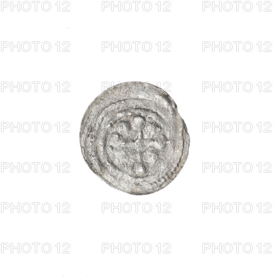 denarius, Boleslaw III Krzywousty (prince of Poland; 1086–1138), allegories, equal-armed cross, spearhead (issue mark), chain mail, crosses, mouth, knight, martyrs, Romanesque (style), dragons, knight, mouths, Middle Ages, Adalbert (St.; ca. 956–997), spear, fight against pagans, spears, fight between good and evil. Obverse: in the linear border, a knight in chain mail thrusting a spearhead into the jaws of an upside-down dragon; a ball under the knight's right elbow. Reverse: in the triple beaded border, an isosceles cross topped with balls; a ball at the intersection of the arms and one ball between the arms. ca. 1125–1138, Poland, Kraków; coin; diameter 11.9–12.7 mm; weight 0.25 g