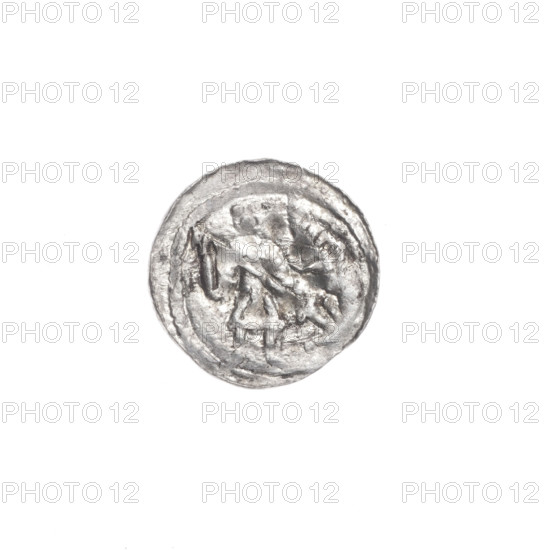 denarius, Boleslaw III Krzywousty (Prince of Poland; 1107–1138), Boleslaw III Krzywousty (Prince of Poland; 1086–1138), allegories, equal-armed cross, crosses, chain mail, spearhead (issue mark), jaw, chain mail, knight, martyrs, Romanesque (style), knights, dragon, jaws, dragons, Adalbert (Saint; ca. 956–997), fight against pagans, fight between good and evil, spear, spears. Obv.: In the beaded border, a knight in chain mail thrusting a spearhead into the jaws of a dragon turned upside down. Rv.: In the triple beaded border, an isosceles cross topped with balls; between its arms, one ball. ca. 1125–1138. Poland, Kraków. Coin. Diameter 12.6–13.2 mm; weight 0.35 g.