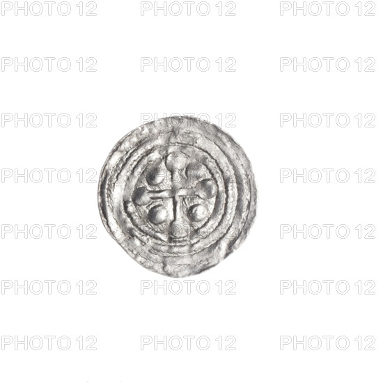 denarius, Boleslaw III Krzywousty (Prince of Poland; 1107–1138), allegories, equal-armed cross, crosses, chain mail, spearhead (issue mark), jaw, chain mail, knight, martyrs, Romanesque (style), knights, dragon, jaws, dragons, Adalbert (Saint; ca. 956–997), fight against pagans, fight between good and evil, spear, spears. Obv.: In the beaded border, a knight in chain mail thrusting a spearhead into the jaws of a dragon turned upside down. Rv.: In the triple beaded border, an isosceles cross topped with balls; between its arms, one ball. ca. 1125–1138. Poland, Kraków. Coin. Diameter 12.6–13.2 mm. Weight 0.35 g.