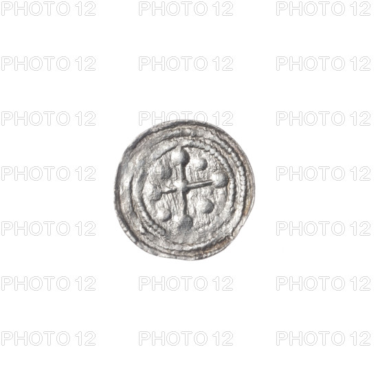 denarius, Boleslaw III Krzywousty (prince of Poland; 1107–1138), allegories, Boleslaw III Krzywousty (prince of Poland; 1086–1138), equal-armed cross, spearhead (issue mark), crosses, chain mail, chain mails, mouth, knight, martyrs, dragons, Romanesque (style), knights, dragon, mouths, Middle Ages, Adalbert (St.; ca. 956–997), fight between good and evil, fight against pagans, spear, spears. Obv. In the beaded border, a knight in chain mail thrusting a spearhead into the jaws of a dragon turned upside down. Rv. In the triple beaded border, an isosceles cross topped with balls. At the intersection of the arms, a ball. Between them, one ball. One arm intersects the other at approximately 1/3 of its length. ca. 1125–1138. Poland, Kraków. Coin. Diameter 11.2 mm; diameter 11.8 mm. Weight 0.30 g.