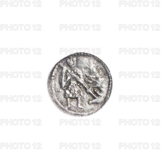denarius, Boleslaw III Krzywousty (prince of Poland; 1107–1138), allegories, Boleslaw III Krzywousty (prince of Poland; 1086–1138), spearhead (issue mark), equal-armed cross, crosses, jaws, chain mail, chain mails, martyrs, Romanesque (style), jaws, knight, dragons, knights, dragon, Middle Ages, Adalbert (St.; ca. 956–997), fight against pagans, fight between good and evil, spear, spears. Obv. In the beaded border, a knight in chain mail thrusting a spearhead into the jaws of a dragon turned upside down. Rv. In the triple beaded border, an isosceles cross topped with spheres (one of them with a dot). Between its arms, one sphere (two of them with dots). ca. 1125–1138, Poland, Kraków, coin, diameter 12.1–12.6 mm, weight 0.41 g