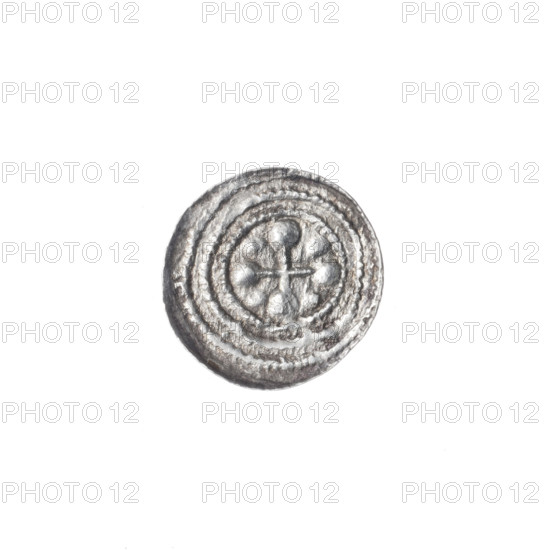 denarius, Boleslaw III Krzywousty (prince of Poland; 1107–1138), allegories, Boleslaw III Krzywousty (prince of Poland; 1086–1138), spearhead (issue mark), equal-armed cross, crosses, jaws, chain mail, chain mails, martyrs, Romanesque (style), jaws, knight, dragons, knights, dragon, Middle Ages, Adalbert (St.; ca. 956–997), fight against pagans, fight between good and evil, spear, spears. Obv. In the beaded border, a knight in chain mail thrusting a spearhead into the jaws of a dragon turned upside down. Rv. In the triple beaded border, an isosceles cross topped with spheres (one of them with a dot). Between its arms, one sphere (two of them with dots). Ca. 1125–1138, Poland, Kraków, coin, diameter 12.1–12.6 mm, weight 0.41 g.