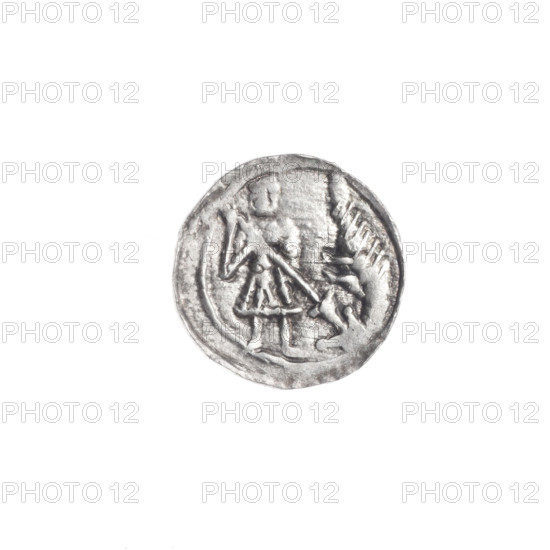 denarius, Boleslaw III Krzywousty (prince of Poland; 1107–1138), allegories, equal-armed cross, spearhead (issue mark), chain mail, crosses, jaws, knight, Romanesque (style), dragons, martyrs, knights, Middle Ages, dragon, fight between good and evil, Adalbert (Saint; ca. 956–997), fight against pagans, spear, spears. Obverse: in the linear border, a knight in chain mail thrusting a spearhead into the jaws of a dragon turned upside down. Reverse: in the triple beaded border, an isosceles cross topped with balls (three with a dot; fourth unclear due to blurring); between its arms, one ball (two with a single dot). ca. 1125–1138, Poland, Kraków; coin; diameter 13.1–13.3 mm; weight 0.70 g