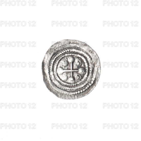 denarius, Boleslaw III Krzywousty (prince of Poland; 1107–1138), allegories, equal-armed cross, spearhead (issue mark), chain mail, crosses, jaws, knight, Romanesque (style), dragons, martyrs, knights, Middle Ages, dragon, fight between good and evil, Adalbert (Saint; ca. 956–997), fight against pagans, spear, spears. Obverse: in the linear border, a knight in chain mail thrusting a spearhead into the jaws of a dragon turned upside down. Reverse: in the triple beaded border, an isosceles cross topped with balls (three of them have a dot; the fourth may also have one but blurring makes observation difficult). Between its arms, one ball (two of them have a single dot). ca. 1125–1138, Poland, Kraków; coin; diameter 13.1–13.3 mm; weight 0.70 g