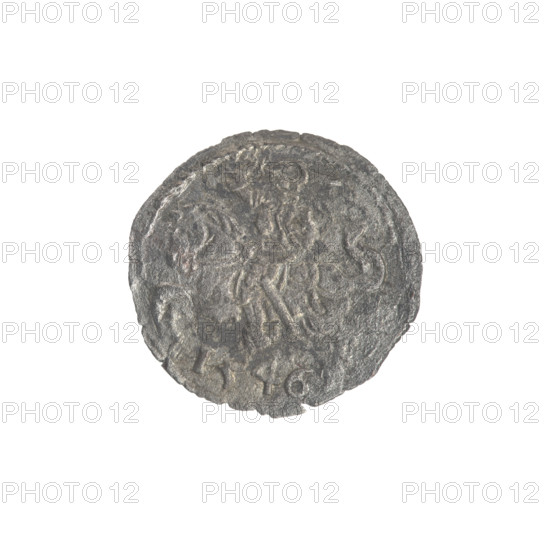 Lithuanian denarius, Sigismund II Augustus (King of Poland; 1544–1572); emblems of the Jagiellon dynasty; Polish coins; motifs: eagles (Polish eagle) and Pursuer (Lithuanian); obverse: Polish eagle in the rim; reverse: Lithuanian Pursuer in the rim, below the year 1546; date: 1546; Grand Duchy of Lithuania, Vilnius, Poland; coin; diameter 13.5–14.0 mm; weight 0.22 g.