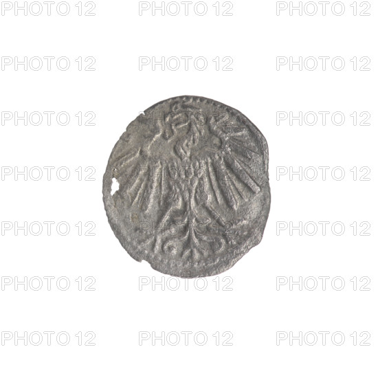 Lithuanian denarius, Sigismund II Augustus (King of Poland; 1544–1572); emblems of the Jagiellons dynasty; Polish eagle and Lithuanian Pursuer emblems. Obverse: Polish eagle in the rim. Reverse: Lithuanian Pursuer in the rim, below the year 1548. Dated 1548. Grand Duchy of Lithuania, Vilnius. Coin; diameters 11.5 mm and 12.5 mm; weight 0.24 g.