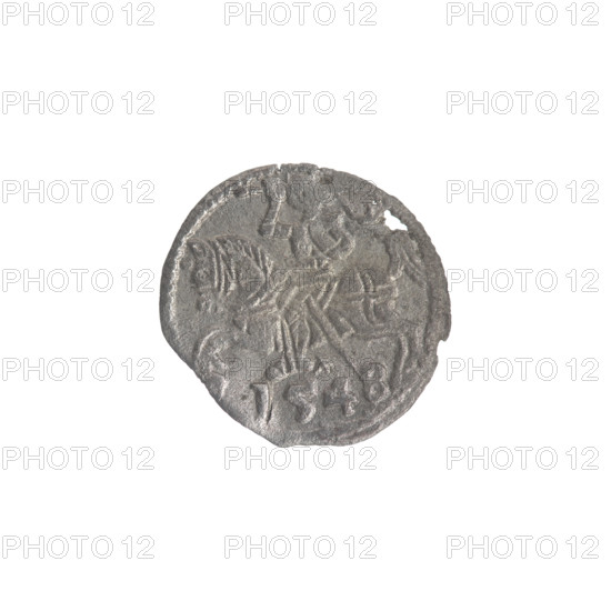 Lithuanian denarius, Sigismund II Augustus (King of Poland; 1544–1572); emblems of the Jagiellon dynasty; Polish eagle (obverse, in the rim) and Lithuanian Pursuer (reverse, in the rim); below the year 1548 on the reverse; Grand Duchy of Lithuania, Vilnius; coin; diameter 11.5–12.5 mm; weight 0.24 g.